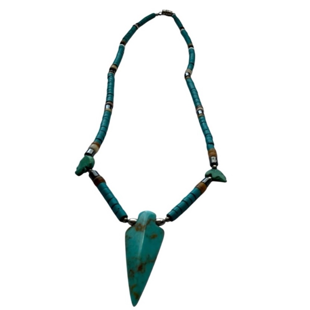 Turquoise Howlite Arrowhead Marcasite Necklace Southwest Western Vintage